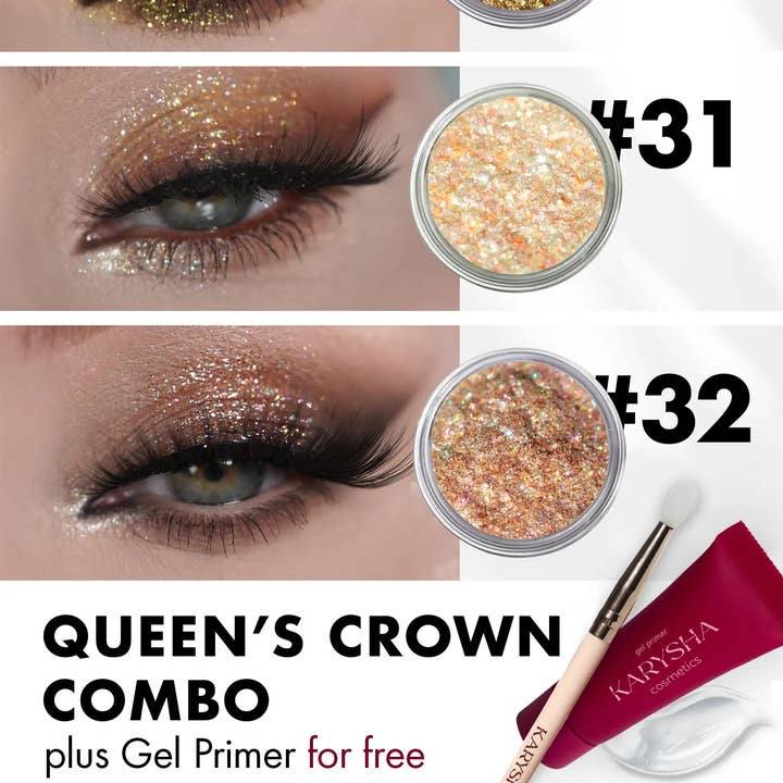 Queen's Crown Combo Fards à Paupières Pailletés Teintes #45, #31, #32 & Base Gel Offerte pour la vente par KARYSHA Cosmetics