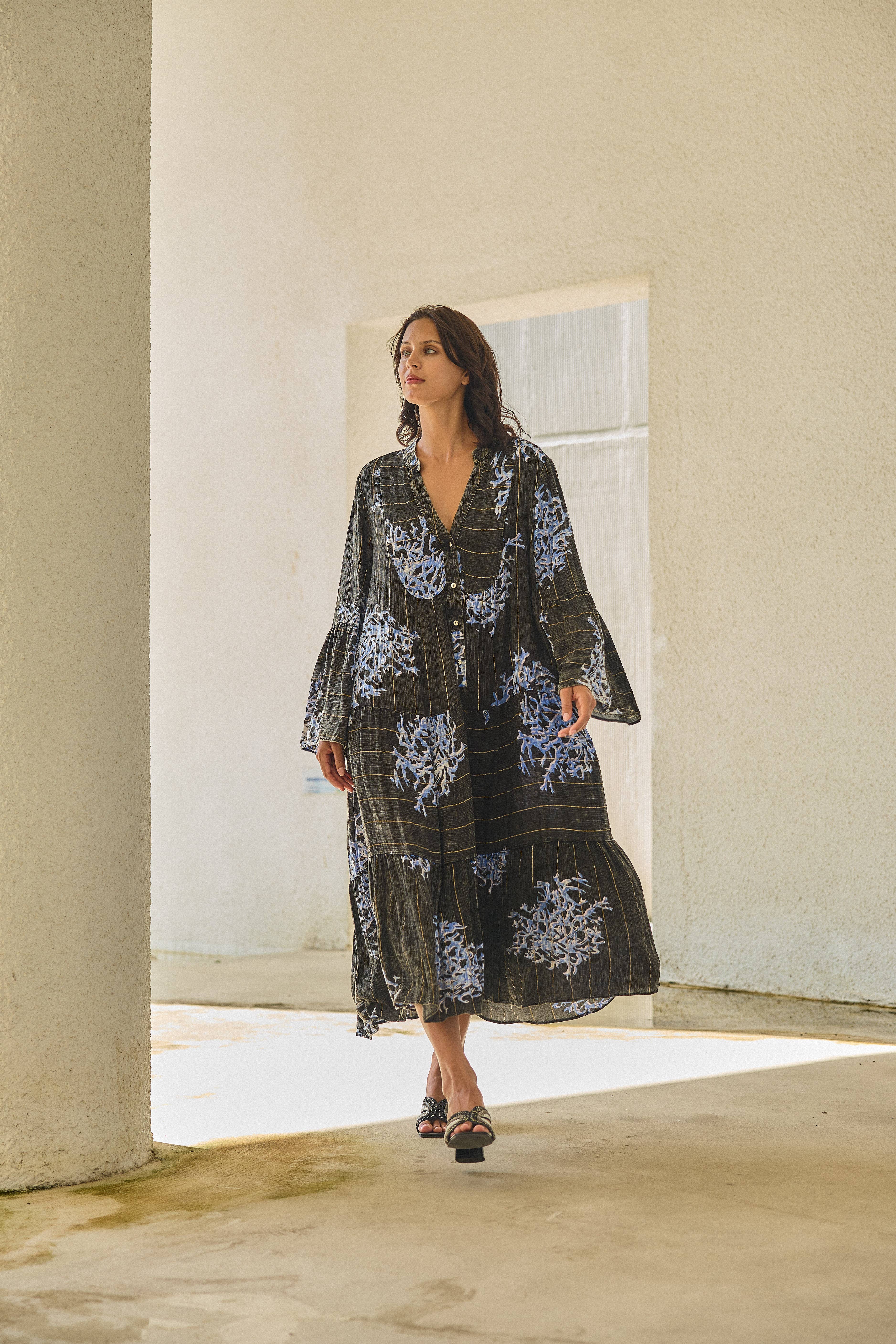 Noir Robe longue  à imprimé corail  , style délavé avec Lurex en vente sur Faire2