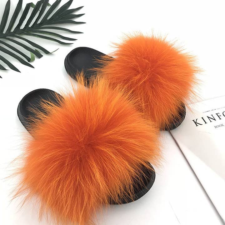 FurDecoration - Venta al por mayor Zapatillas para casa - Mujer - Pompones esponjosos de piel de mapache para mujer y niña