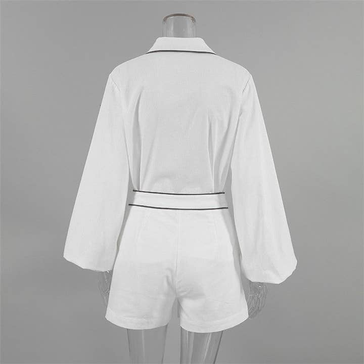 WHITE Loose Color Block Long Sleeve Shirt And Shorts Set for wholesale on Faire6