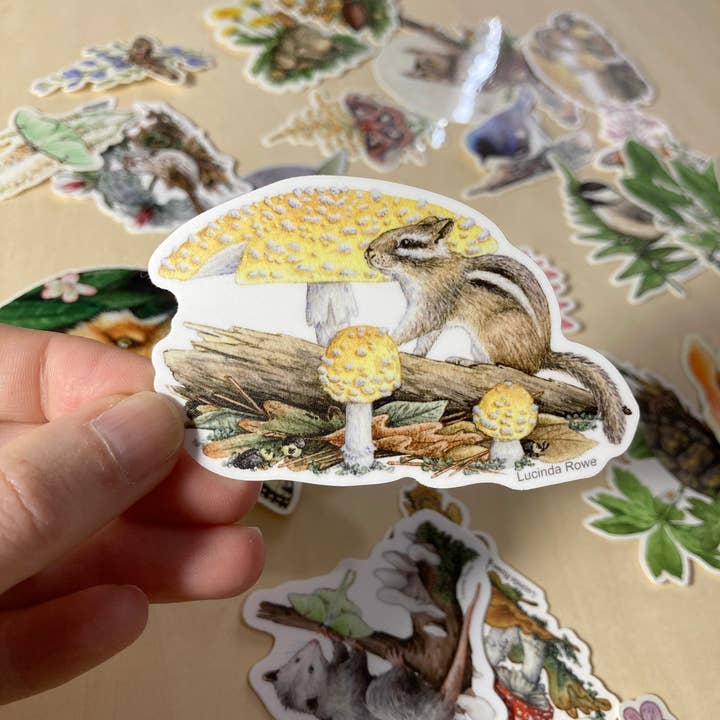 Sticker - Chipmunk with Yellow Amanitas for wholesale by Lucinda Rowe Art