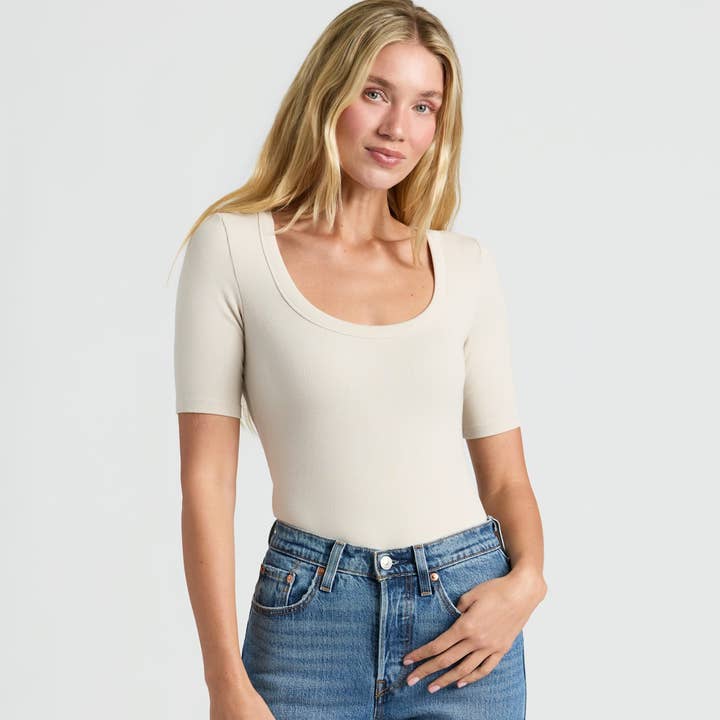 Womens Oatmeal Ribbed 3/4 Sleeve Scoop Neck Tee for wholesale by True Classic