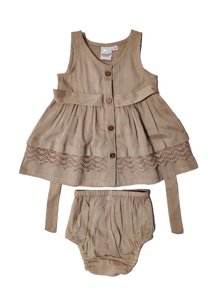 OatmealTone on Tone Lace Detail Belted Infant Dress and Bloomer Set for wholesale by Yo Baby