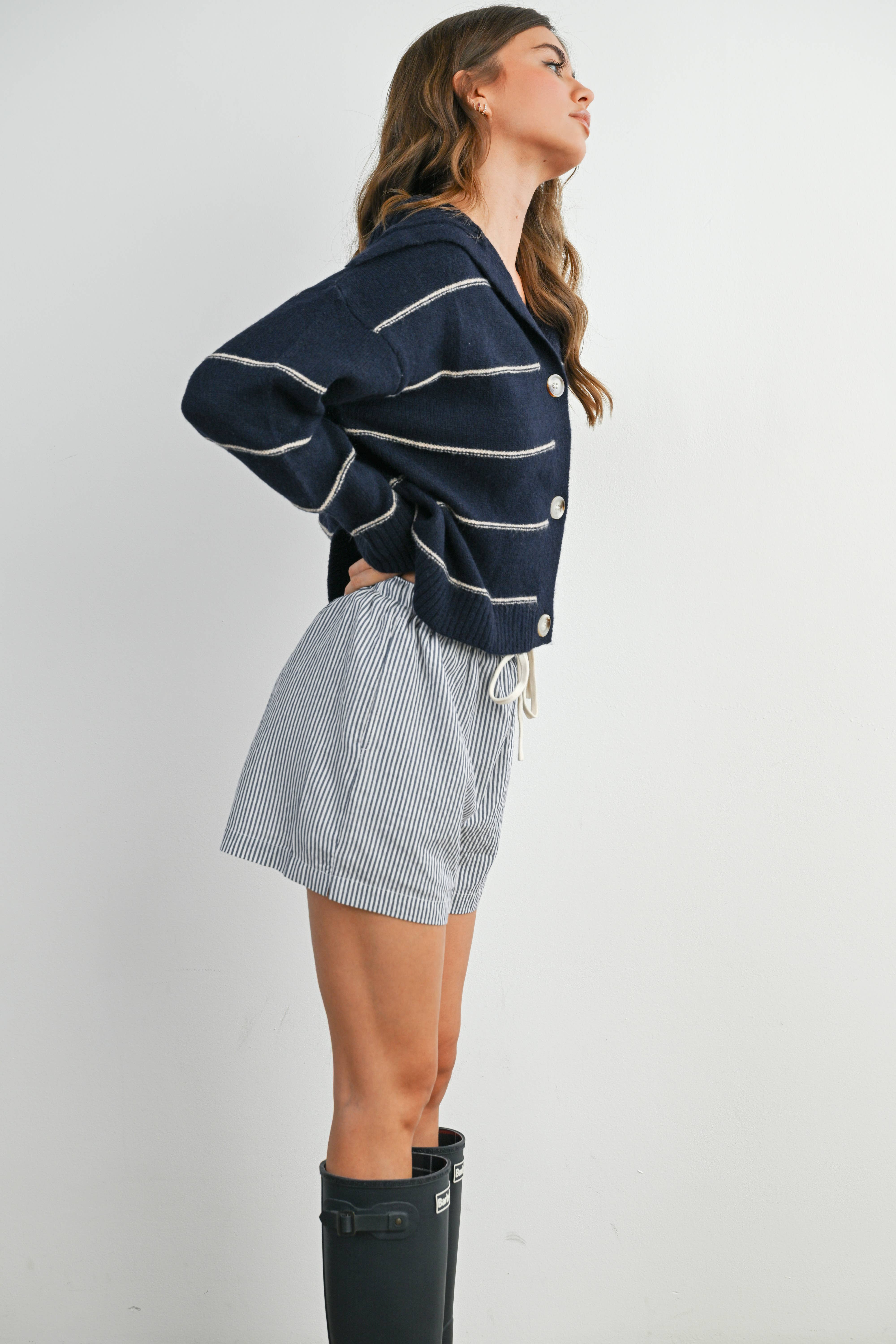 BUTTERMELON - Wholesale Knit Sweater - Women's - Button-Up Striped Collared Long Sleeve Top - BMC788331