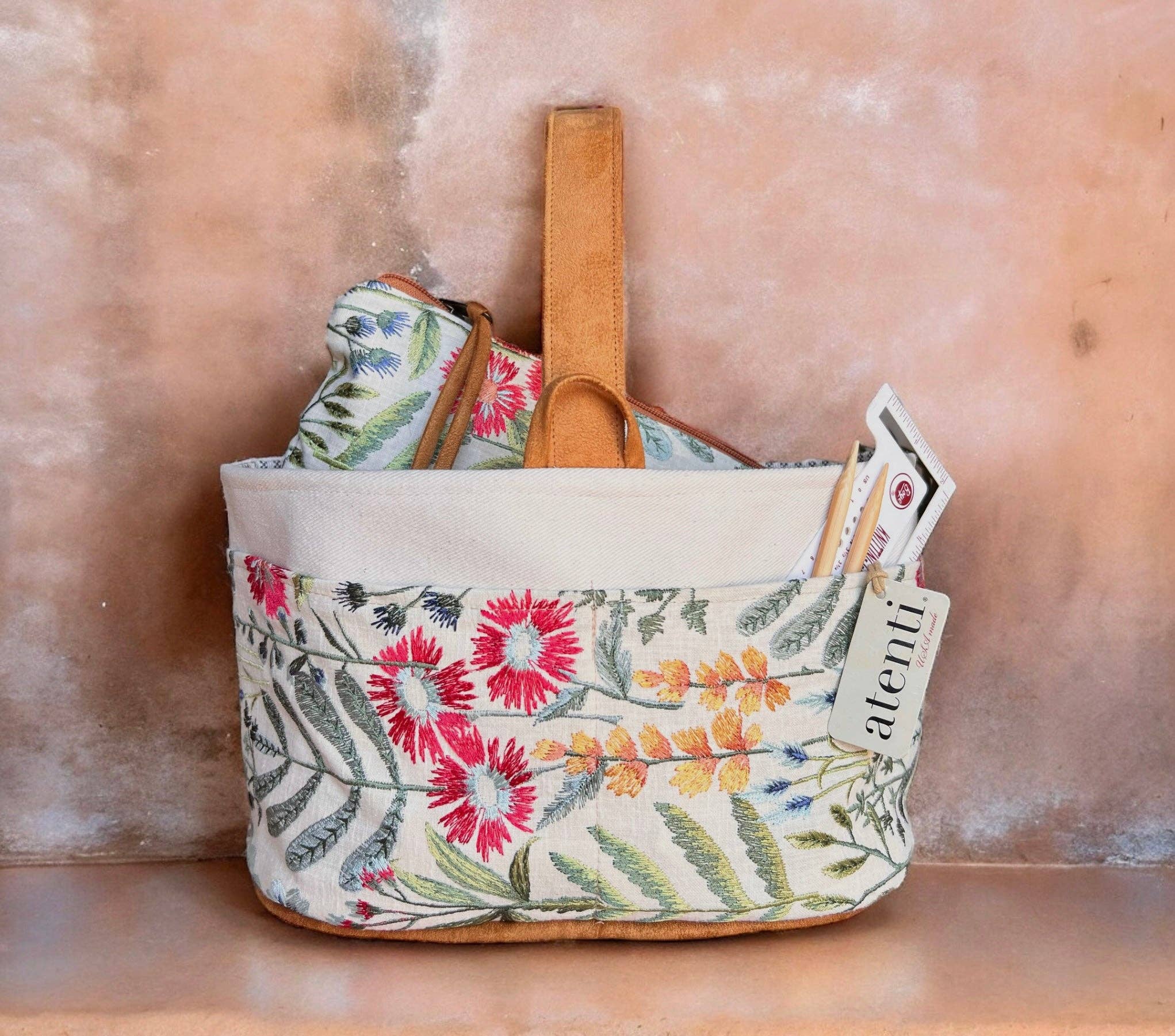 Atenti - Wholesale Knitting/Crochet Supplies - Wildflower Caddy– Handmade USA Embroidered Floral Yarn & Notions Organizer, Atenti Project Bag5