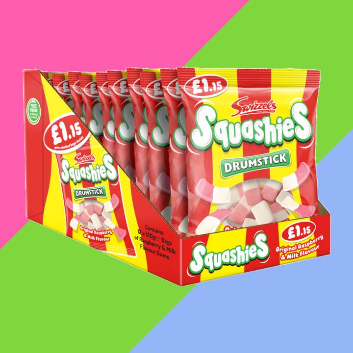 Gaffney's Sweets & Treats Wholesale – Engroshandel Vingummi – Swizzels Drumstick Squashies Original hindbær- og mælkearoma, pose 12 x 120 g1