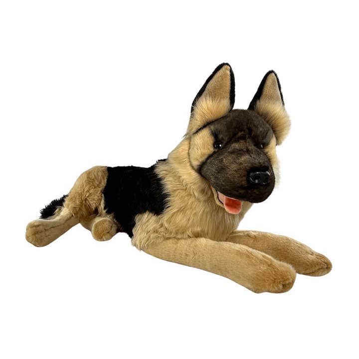 Ranger - German Shepherd, black face, with satin pocket - 64cm lying for wholesale by Bocchetta Plush Toys