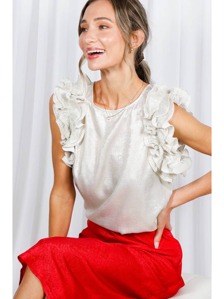 Vine & Love - Wholesale Blouse - Women's - Pleated Ruffle Trim Metallic Woven Blouse Top VT60373A