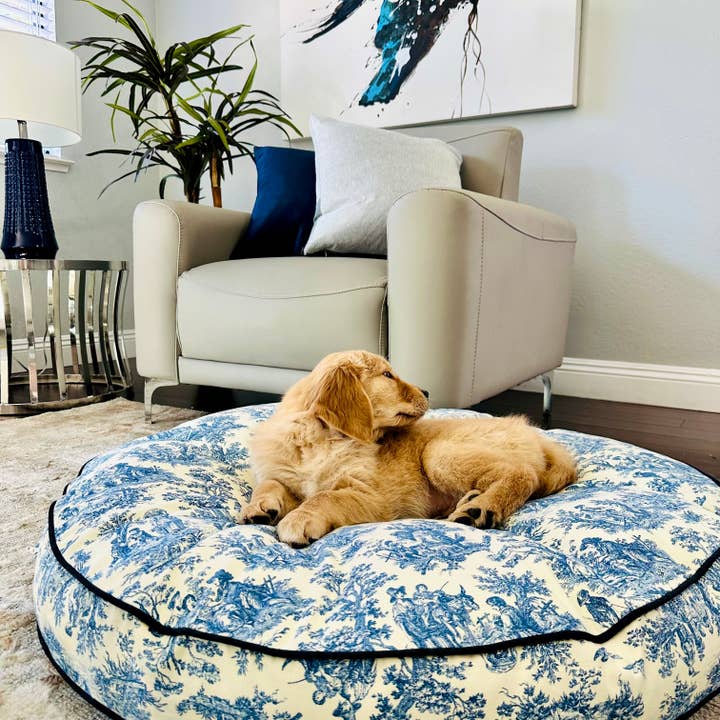 Letto per animali rotondo in toile blu navy per la vendita all'ingrosso da parte di Cuddl