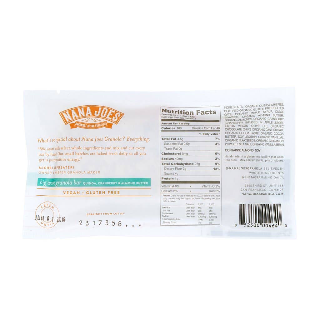 Nana Joes Granola - Venta al por mayor Barrita de aperitivo - Barra Big Wave: mantequilla de quinua, arándano y almendras2