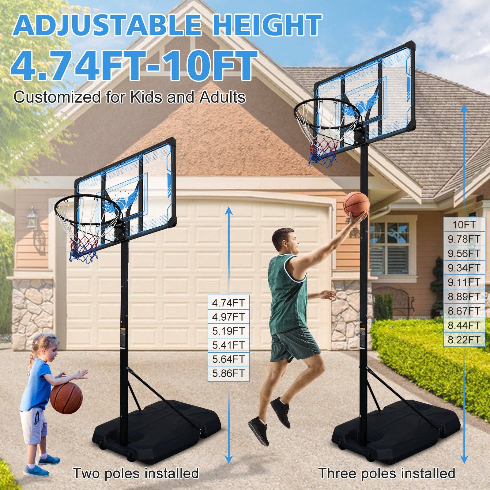 39F Inc. - Wholesale Sporting Accessories - Adjustable Basketball Hoop, 4.74-10 FT, Portable Stand2
