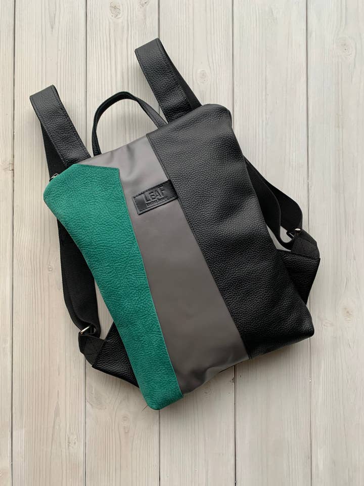 One Of A Kind Geometrical Shapes Black Leather Backpack for wholesale by LeaF