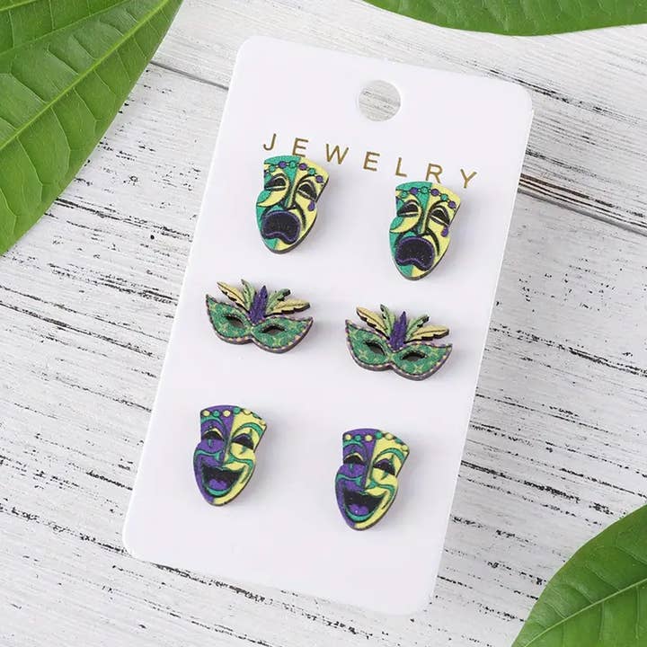 Trio de Brincos Mardi Gras Jester & Mask por atacado de JAC Wholesale
