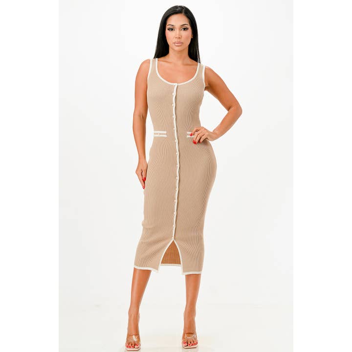 SLVL CONTRAST DETAIL BUTTONDOWN RIB SWEATER DRESS for wholesale by VELA CLOTHING