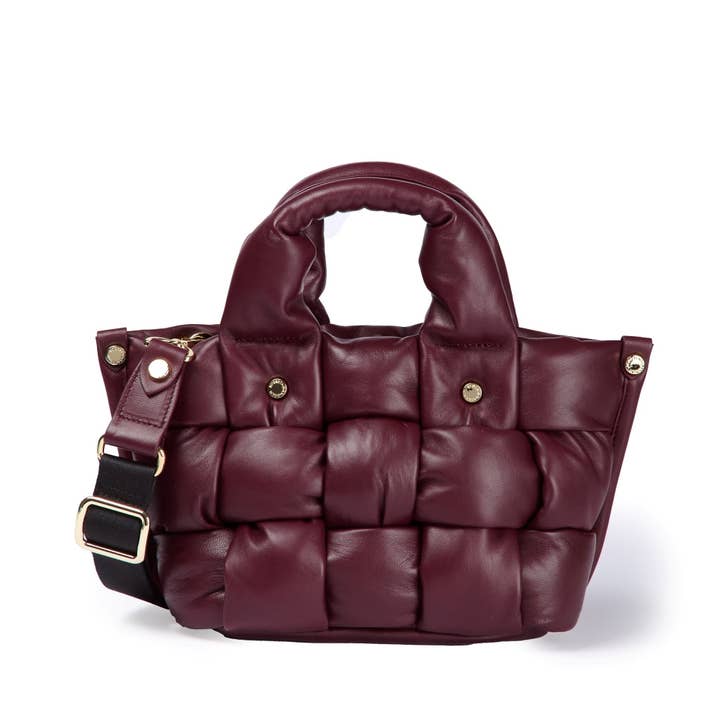 Wine Greta Mini Nappa bag in soft padded and hand-woven lambskin leather for wholesale on Faire