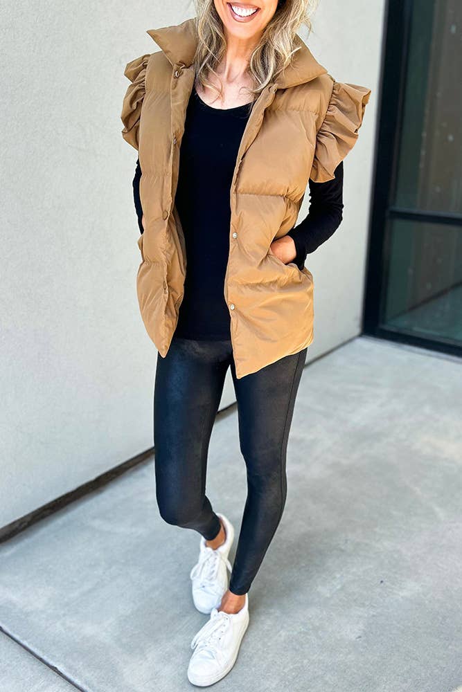 UNISHE – Colete - Mulher por atacado – Casaco Puff com Mangas Flutter Liso Buttoned CY1484