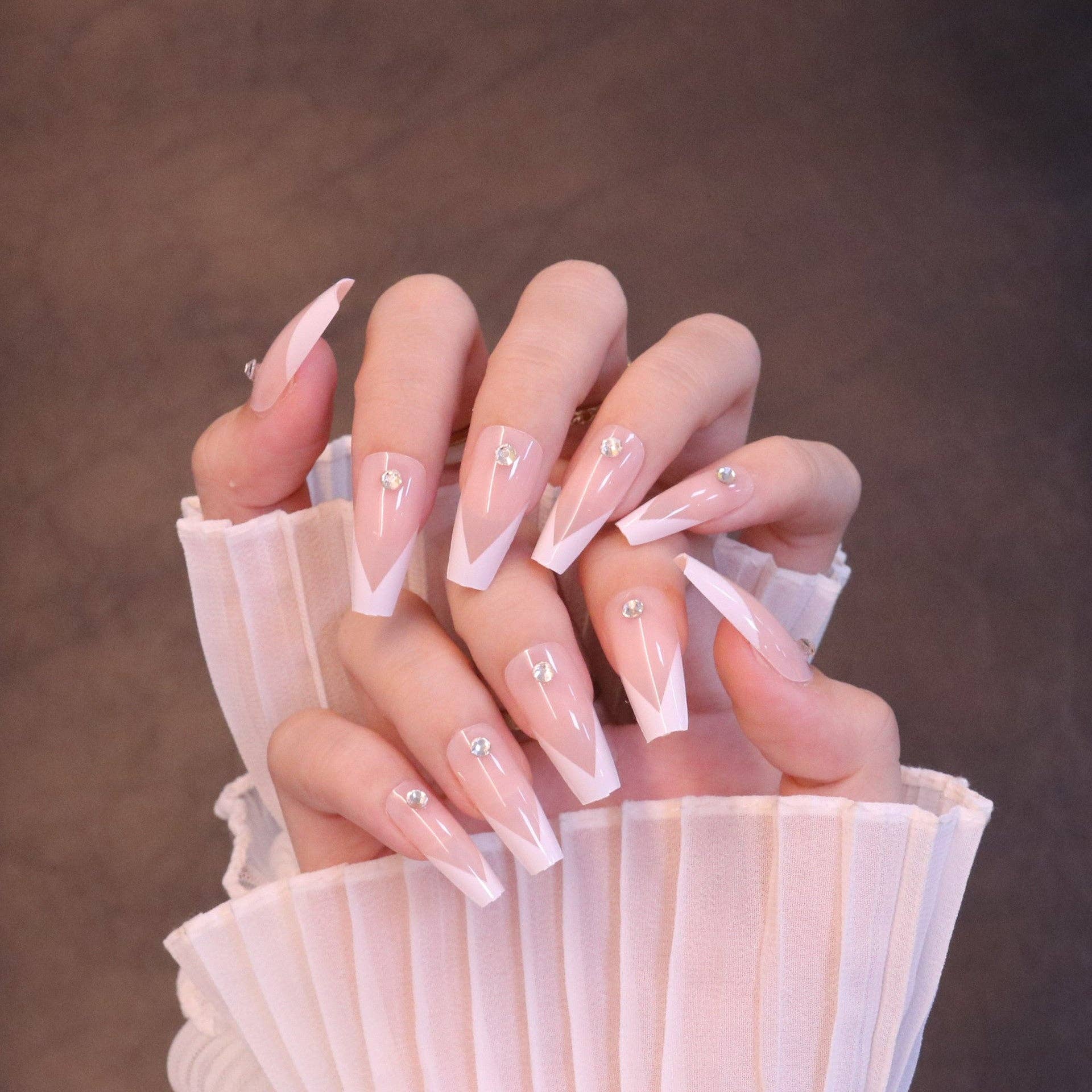 White Long Square French Tip Press On Nails with Jewels for wholesale on Faire7