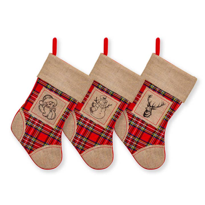 Lexi Home - Wholesale Holiday Stocking - Large Christmas Stockings - 3 Pack Plaid Burlap Stockings