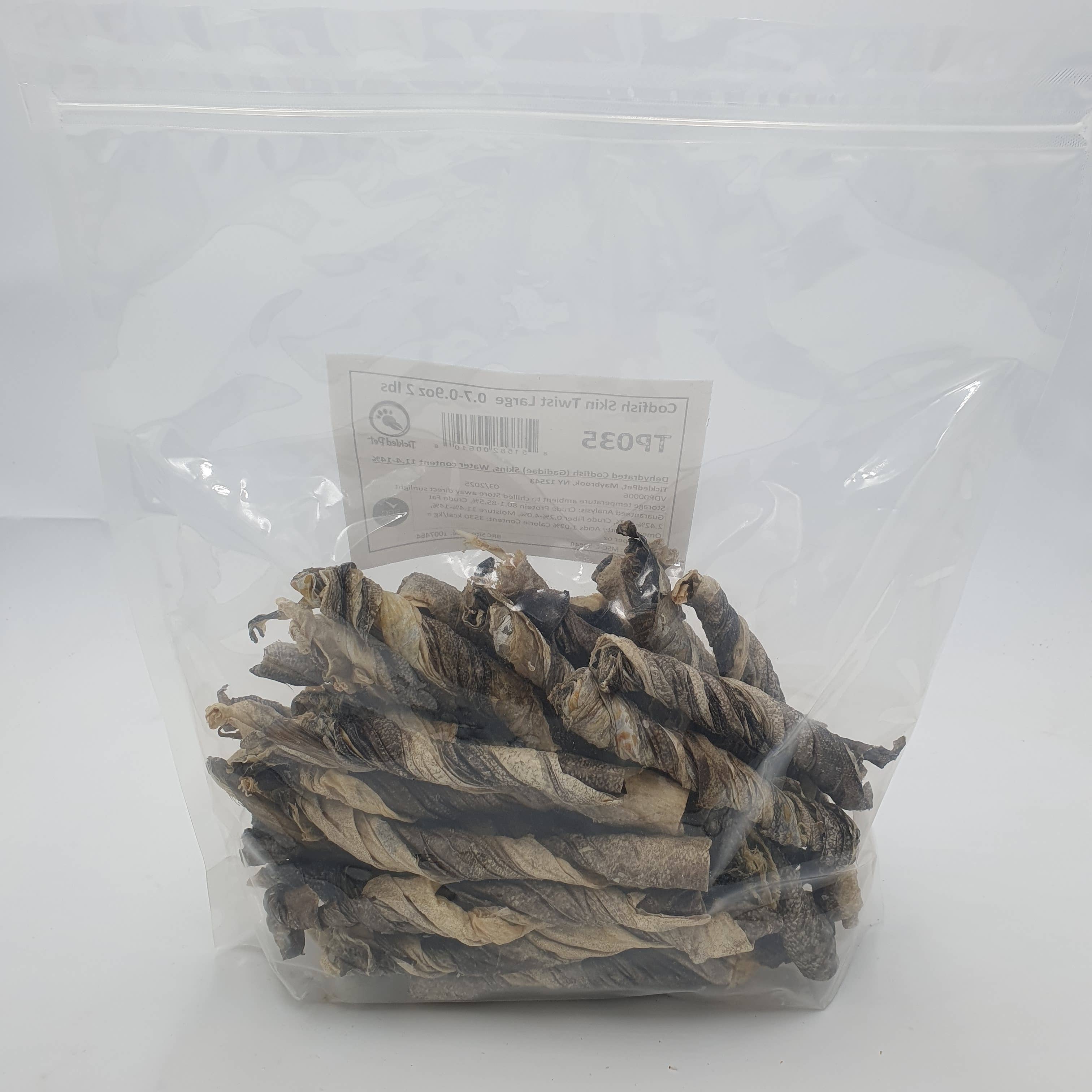 TickledPet - Wholesale Pet Treats - Dog - Codfish Skin Twist-Rolls Large loose 2lbs2