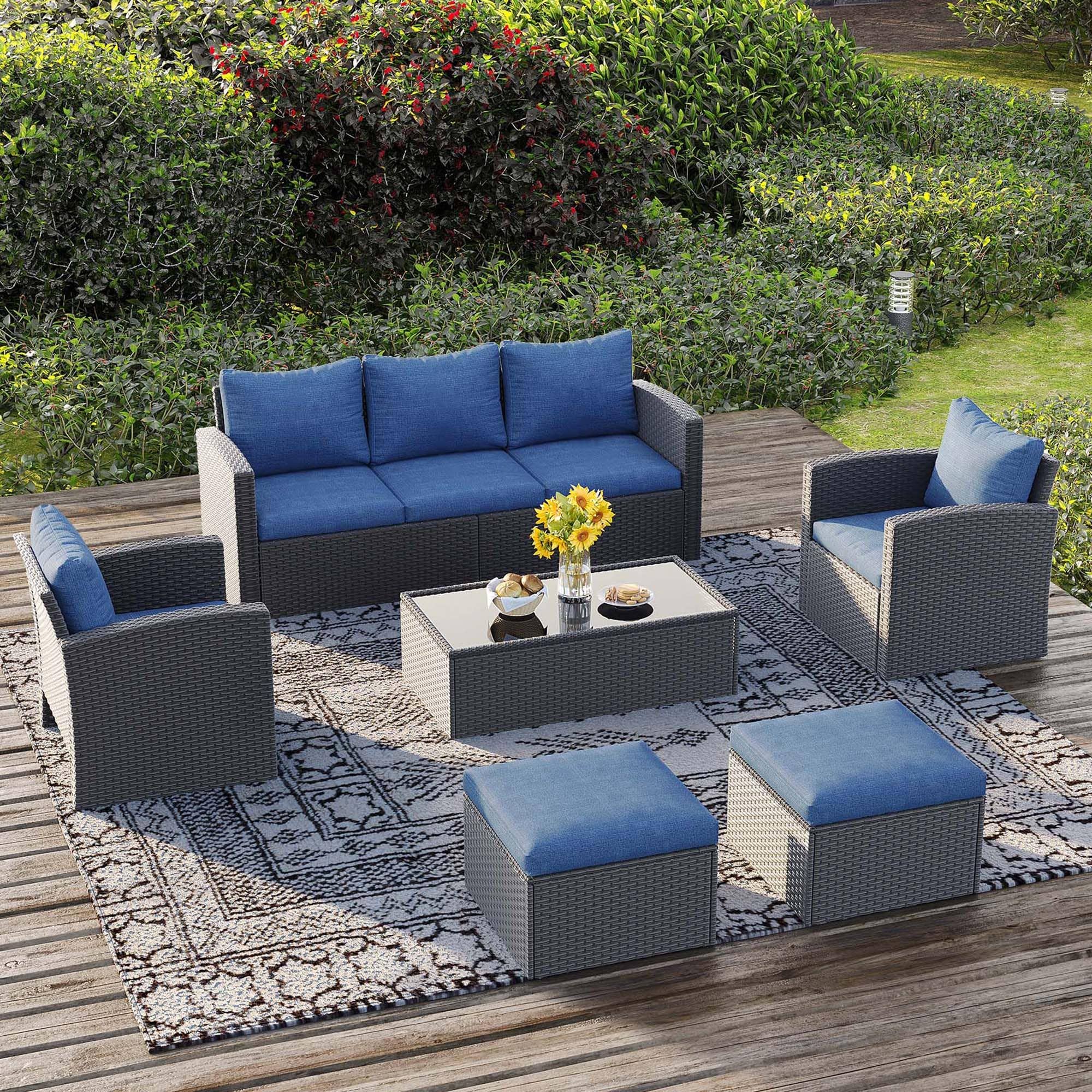 Blue 6 Pcs PE Rattan Outdoor Furniture with Table and Ottomans for wholesale on Faire6