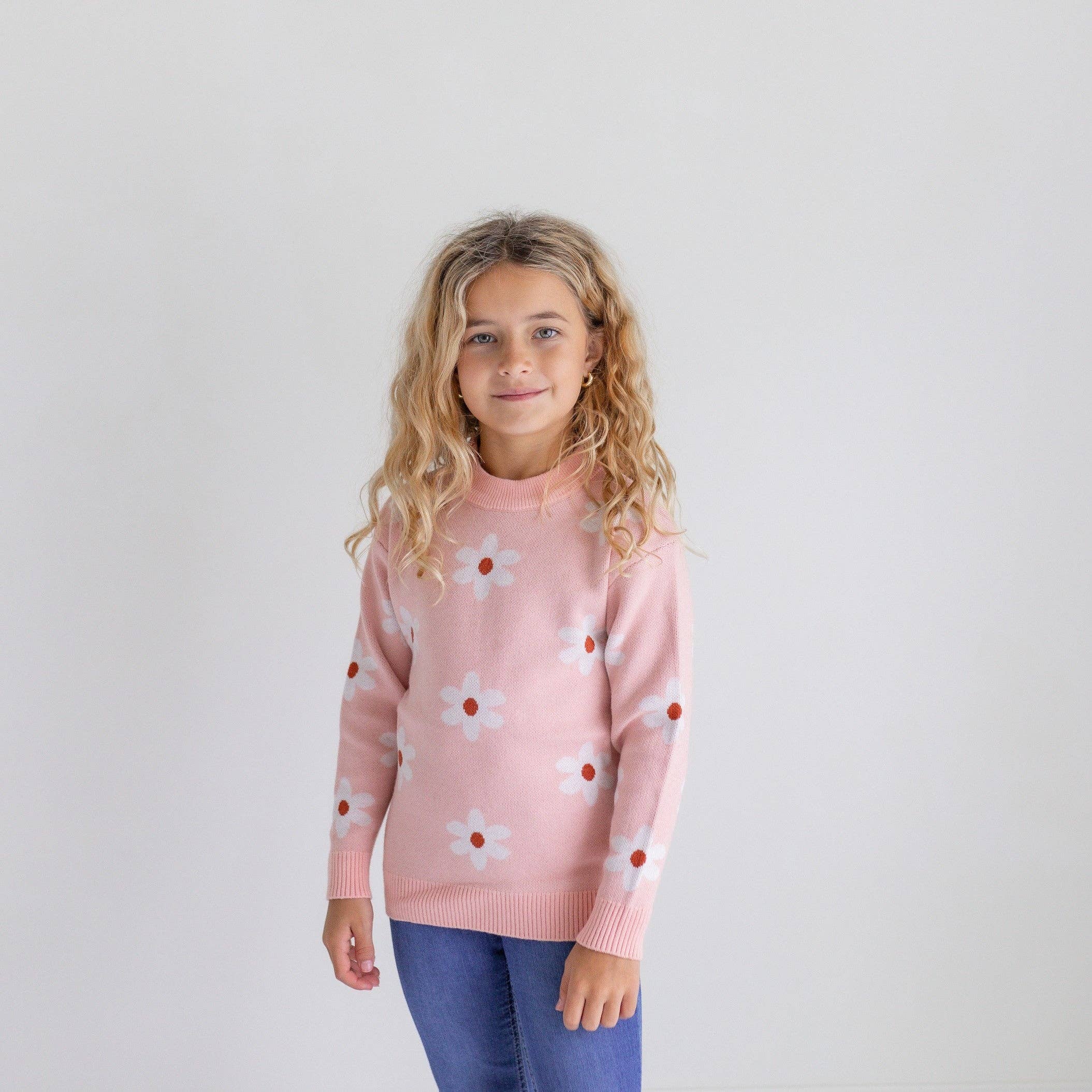 Oopsie Daisy - Wholesale Knit Sweater - Kids - Kids Blush Pink Flower Crew Neck Fall Winter Sweater2