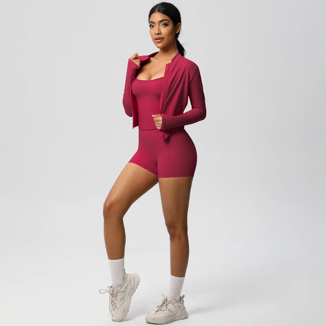 Sodalemon – Conjunto de desporto – Mulher por atacado – Conjunto feminino de yoga justo: top esportivo com interior escovado, jaqueta com zíper e shorts5
