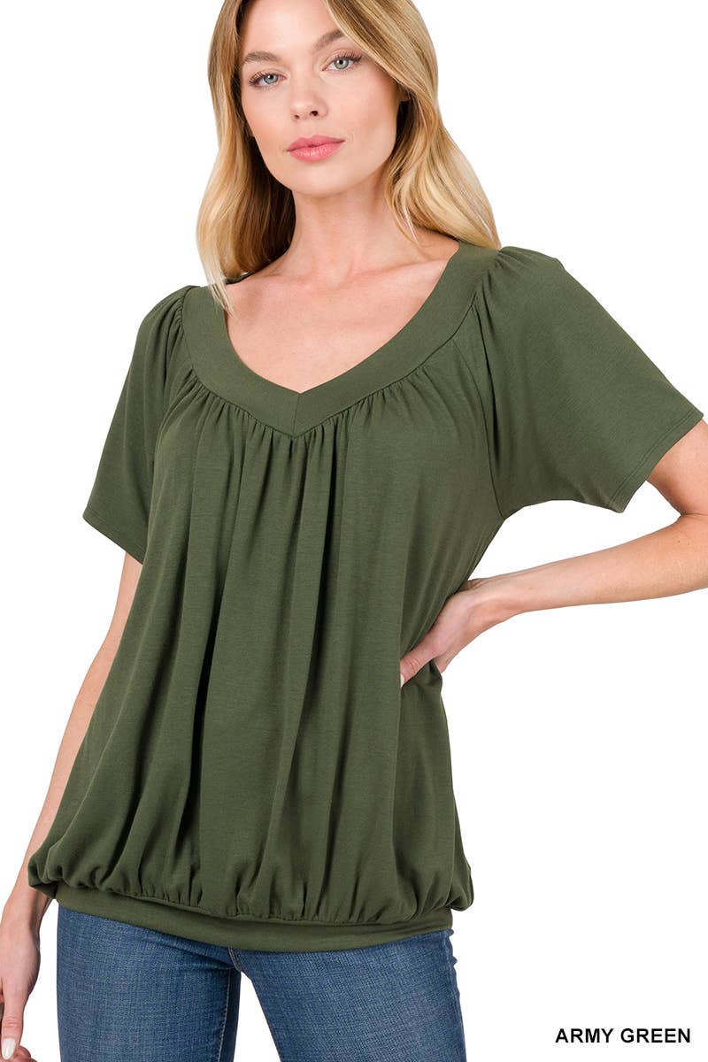 42POPS - Wholesale Blouse - Women's - ",.SHIRRED V-NECK SHORT SLEEVE TOP23