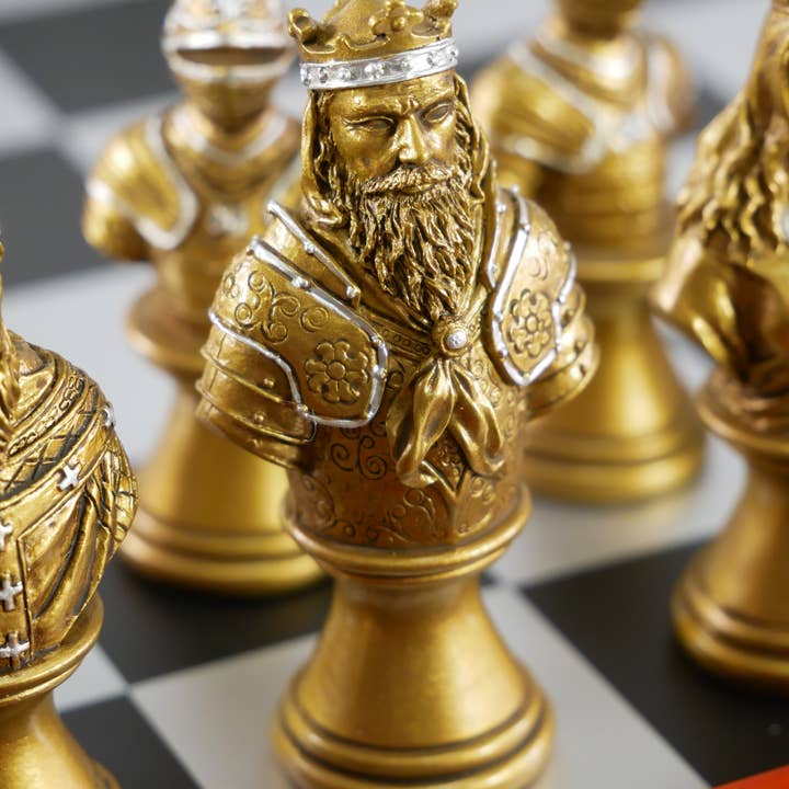 WorldWise Imports - Wholesale Board Game - Chess Set - Gold/Silver Camelot Resin Men on Cherry Chest