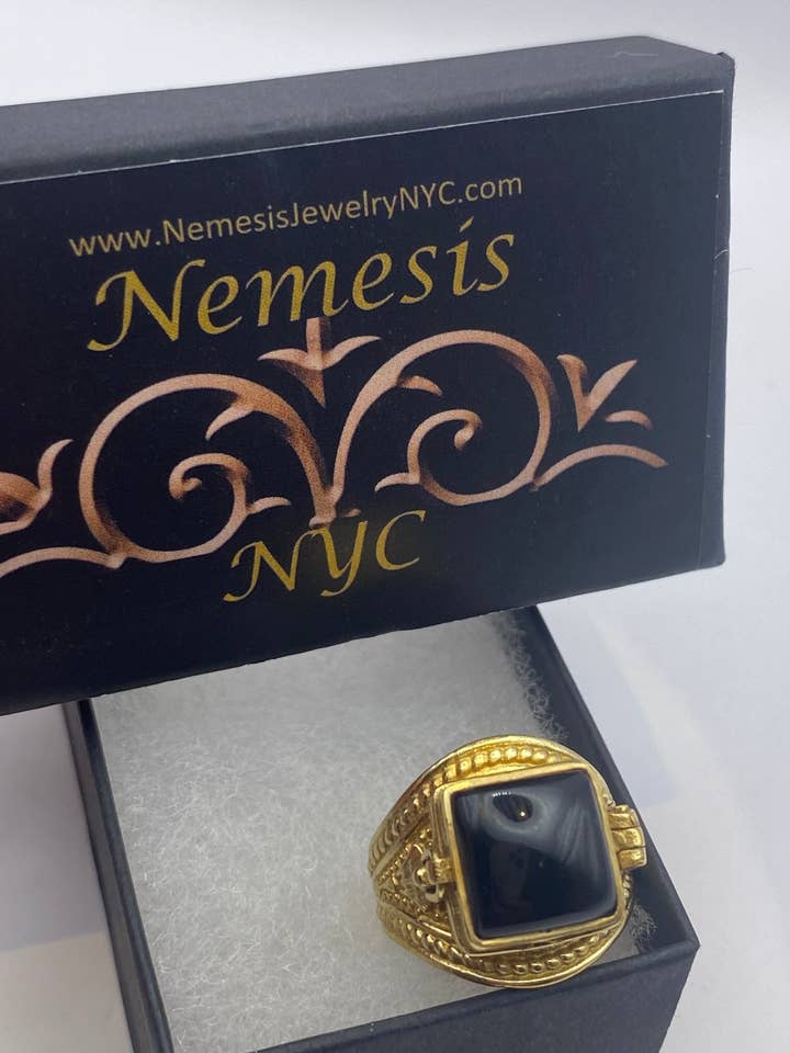 Vintage Black Onyx Brass Poison Pillbox Ring for wholesale by Nemesis Jewelry NYC