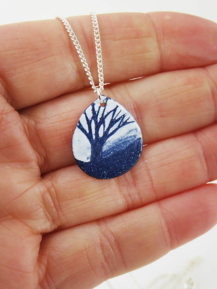 Small Copper Disc with Blue and White Hand Drawn Tree for wholesale by 830 Degrees