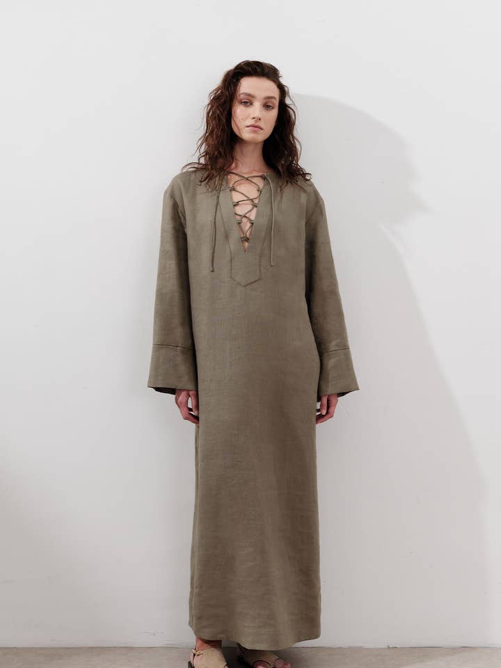 Linneklänning med knytdetalj Khaki för wholesale av MANUKA