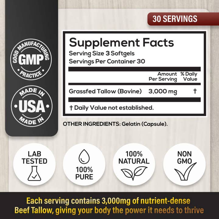 Wild Foods - Wholesale Oral Supplement/Vitamin - Wholesale case of 6 - Grass-Fed Beef Tallow Soft gels – 100% Pure Ancestral Nutrition