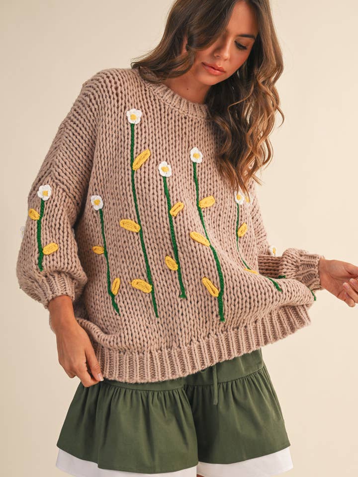 IT4452 EMBROIDERED FLOWER CHUNKY SWEATER TOP for wholesale by Klesis