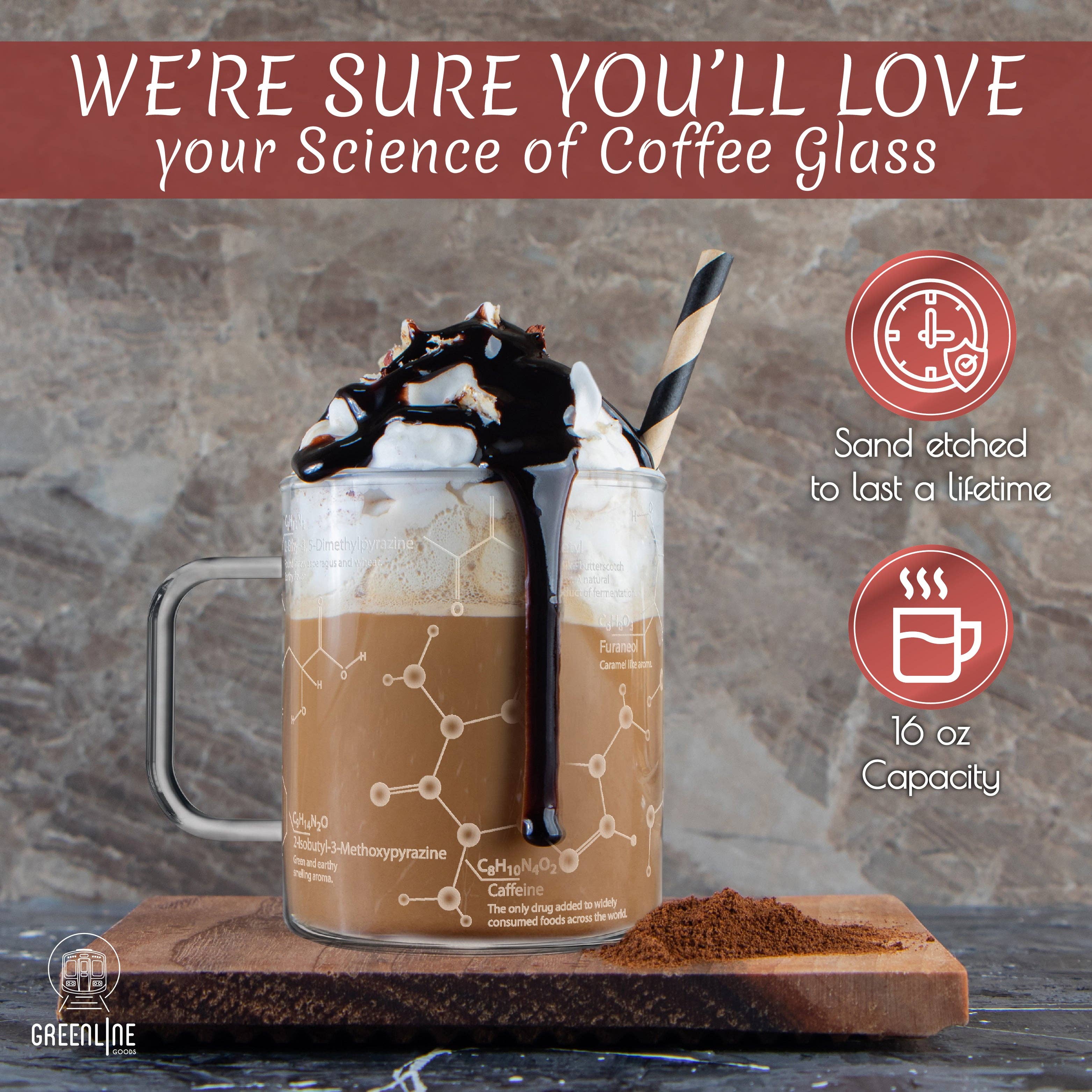 Greenline Goods - Wholesale Coffee Mug - Modern Glass Coffee Mug - 16 oz Tumbler Science of Coffee Glass (Set of 2)2