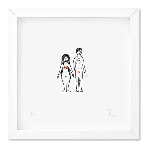 Limited Edition screen print with beading Adam + Eve for wholesale by amesea
