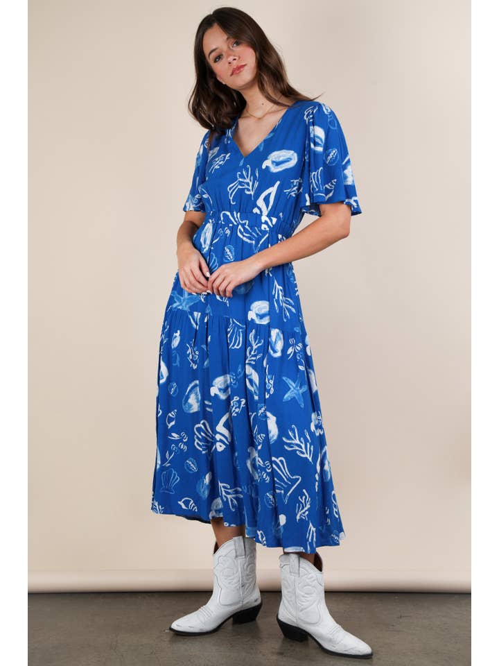 VERY J - Wholesale Dress - Women's - ND31625-Printed V-Neck Resort Midi Dress