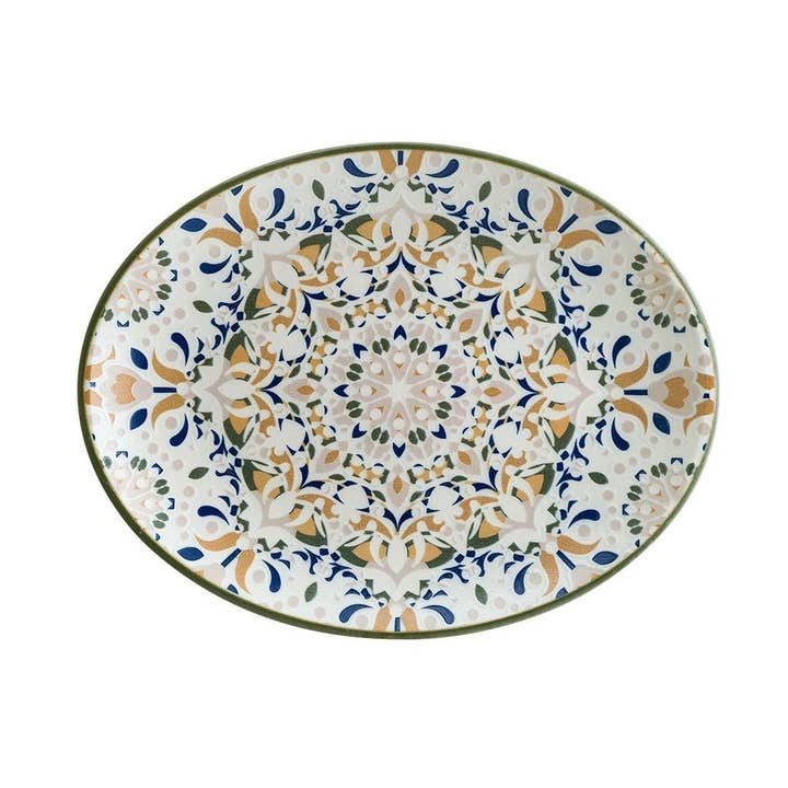 Tenango 12.25" x 9.5" x h:1" Oval Decorated Porcelain Platter (Set of 2) for wholesale by TURGLA HOME