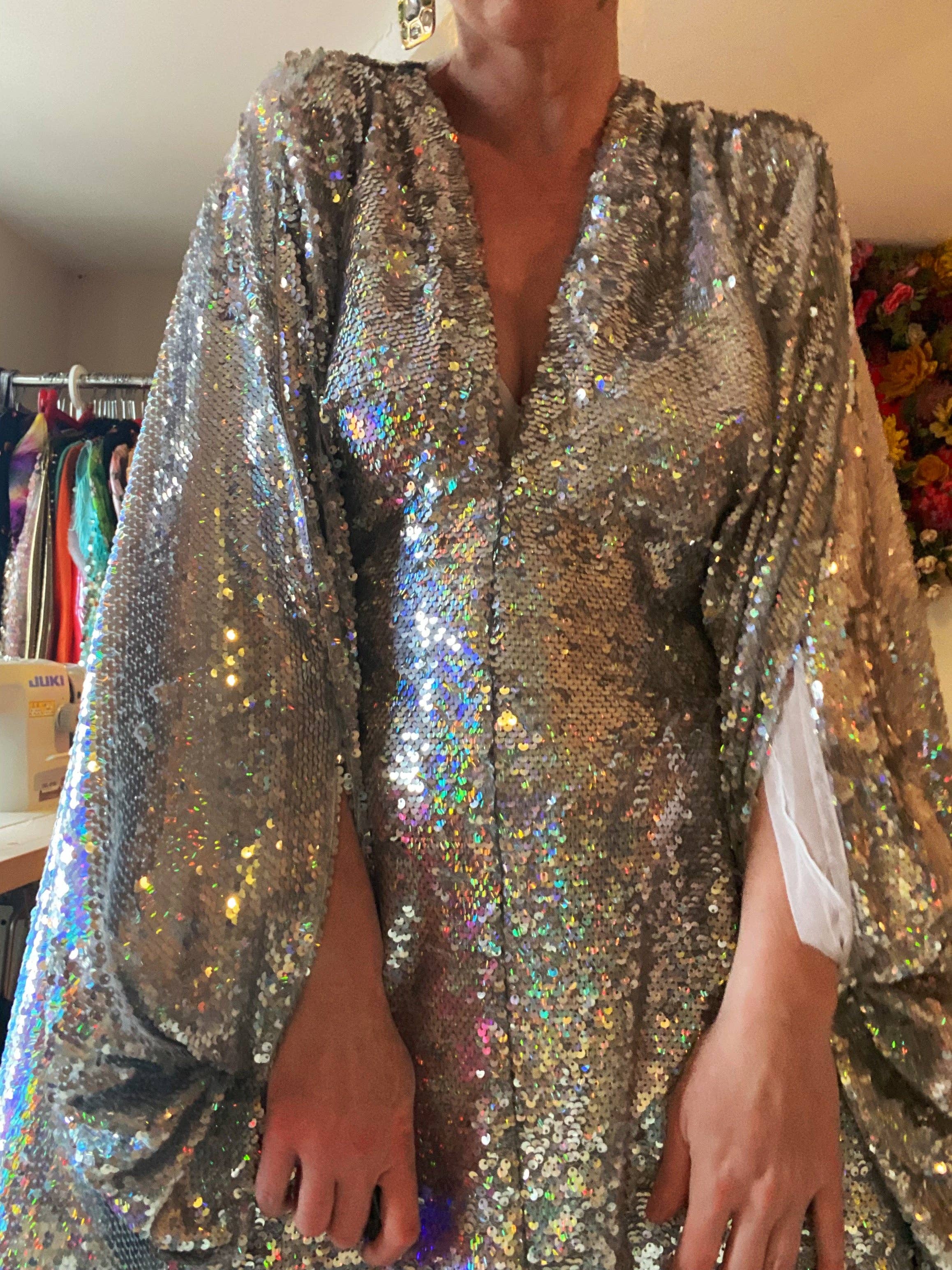 Fumbalinas – wholesale Kaftan – Women's – Silver Metallic Holographic/  Sequin Kaftan Gown / Dress31