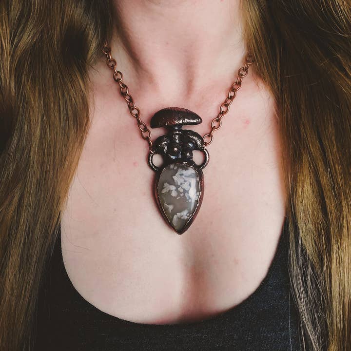 Mushrooms and Flower Agate Electroformed Copper Necklace for wholesale by Copper Bug Jewelry