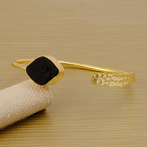 Raw Black Tourmaline Gold Plated Brass Adjustable Bangle for wholesale by El Joyero