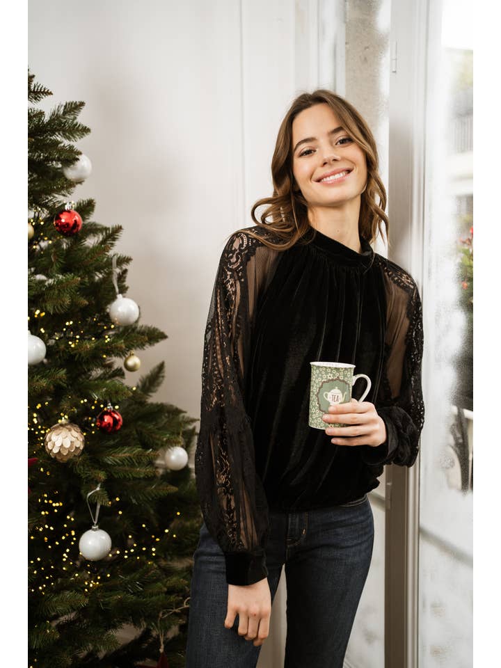 Black Two-material velvet blouse with lace sleeves - 80815 for wholesale on Faire