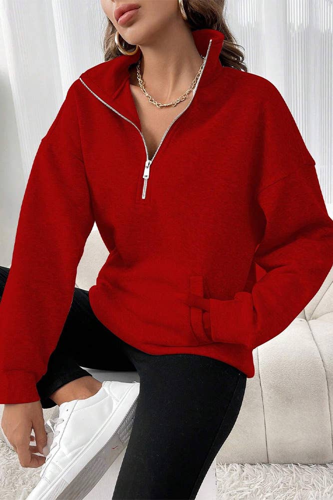 Comely Fashion - Wholesale Sweatshirt - Women's - Plain Half Zipper Front Kangaroo Pocket Sweatshirt0