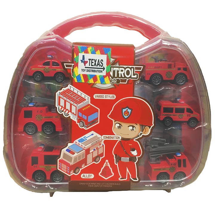 Set of Pull-Back Fire Vehicles and Accessories in Carry Case for wholesale by Texas Toy Distribution