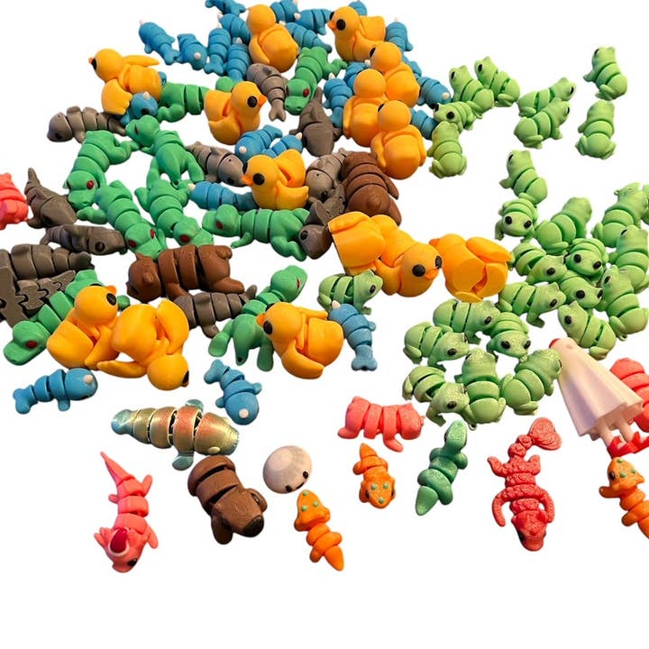 100 Mini Animal & Characters , 3D Printed Critter Fidget Toys, Movable Toys - Use as a fund raiser for school - Collect them all - Stress relief - ADHD - MADE IN THE USA for wholesale by Huckleberry Concepts