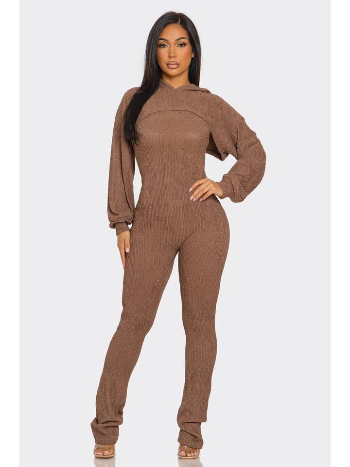 Conjunto de Macacão com Pedrarias e Hoodie Curto por atacado de ITSSY