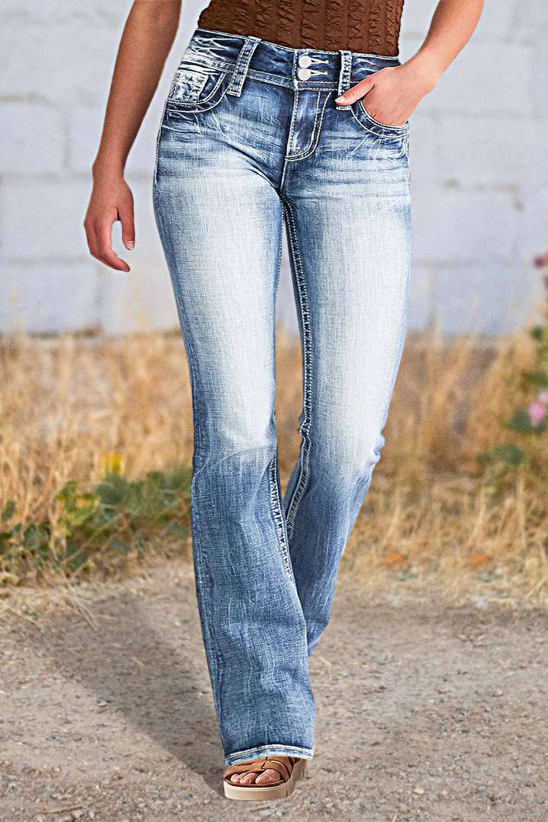 Bleu Jean slim taille haute élastique en vente sur Faire1
