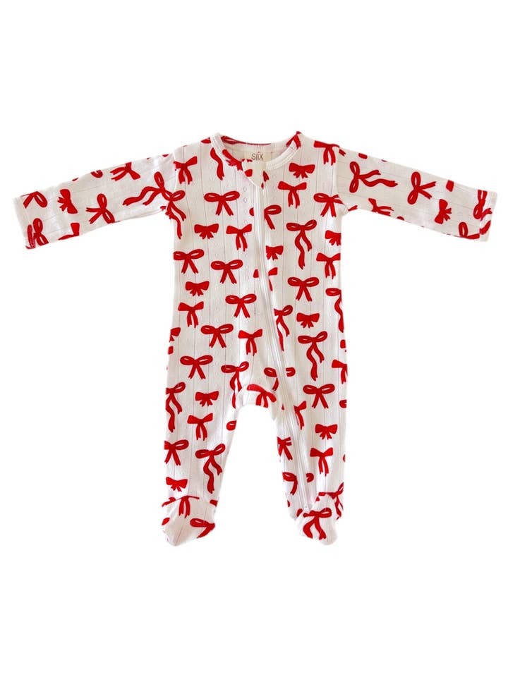 SIIX Collection - Wholesale Jumpsuit - Baby - Red Bows / Organic Pointelle 2-Way Zip Footie3