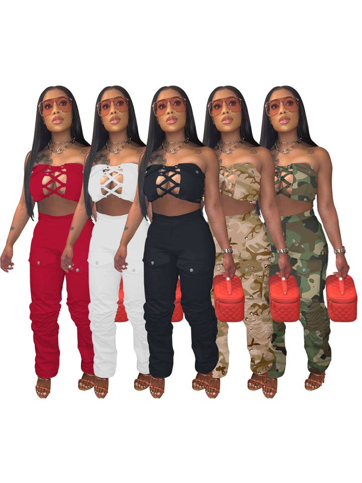 MB Fashion Wholesale - Wholesale Top & Pant Set (NOT Loungewear) - Women's - MB FASHION Strapless Lace-Up Top and Cargo Pants Set 8374LY
