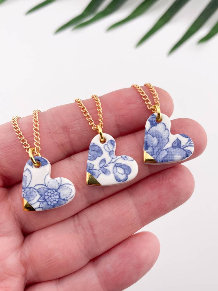 Blue China Small Heart (side) Pendant necklace with gold tip for wholesale by Clay Blanca