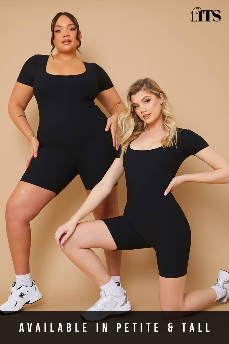 Black Ribbed Short Sleeve Sculpt and Control Unitard for wholesale on Faire0